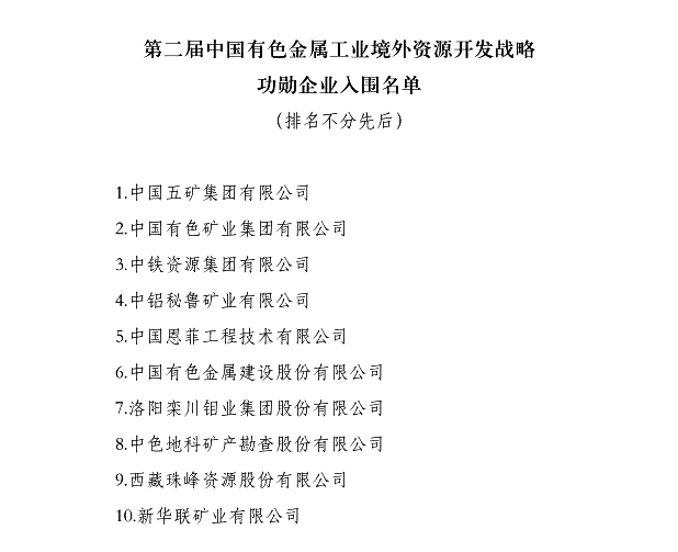 中国有色集团荣膺有色金属工业境外资源开发战略功勋企业称号